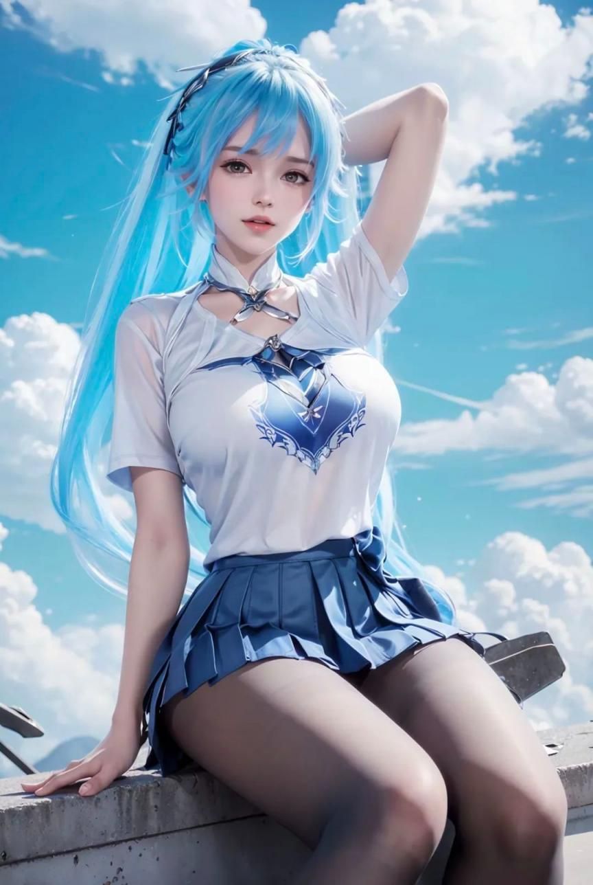 蓝发少女的夏日诱惑：清凉穿搭下的曼妙曲线，令人心醉神迷的青春活力 The sum