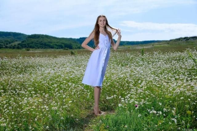 白裙少女野花田野写真：阳光下的曼妙身姿，清纯与妩媚的完美融合 A girl wi