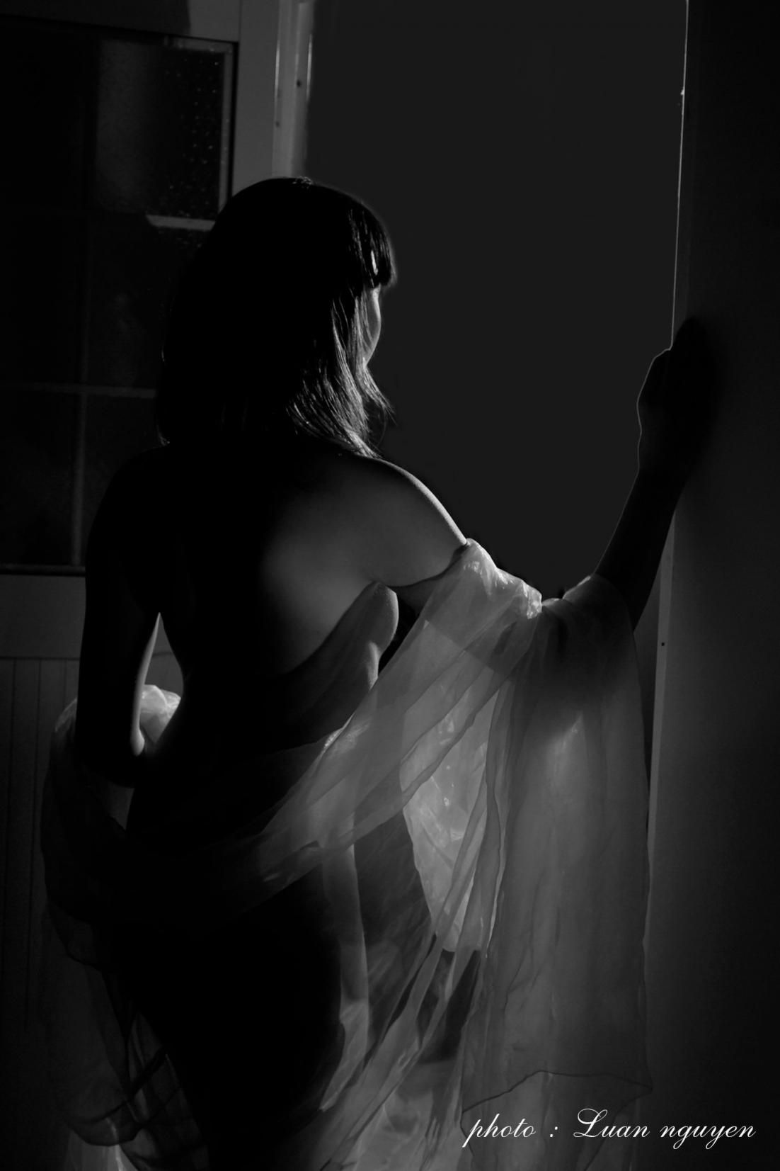 Luan nquyem光影私语：黑白间薄纱轻抚女性曲线，背影述尽神秘与渴望的艺术
