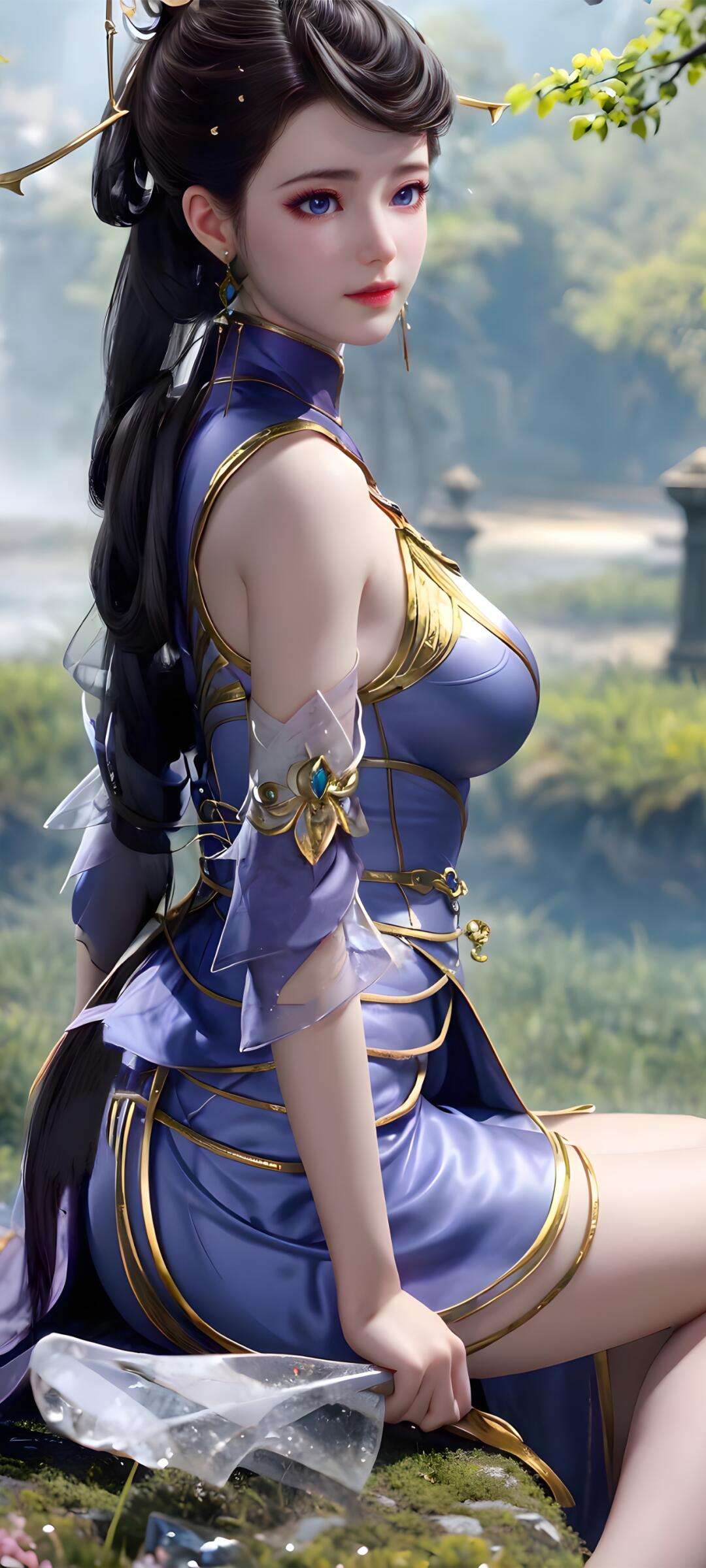 绝色佳人紫衣仙子山间独坐 A beautiful fairy in purple dress sits alone in the mountains