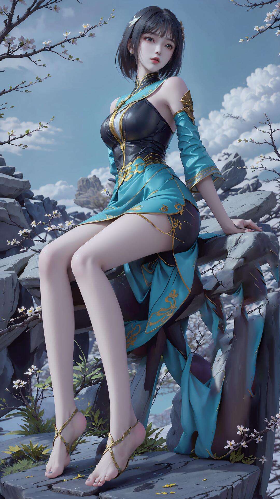 春日暖阳下，她轻抚着古琴，琴声悠扬婉转，如同她曼妙的身姿，令人沉醉。她身穿碧蓝色