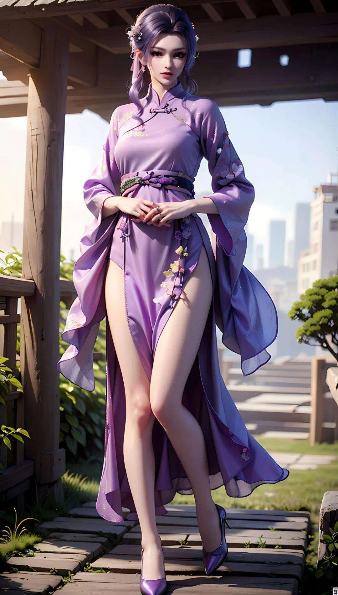 紫衣佳人：旗袍下的曼妙身姿，都市霓虹中的古典诱惑