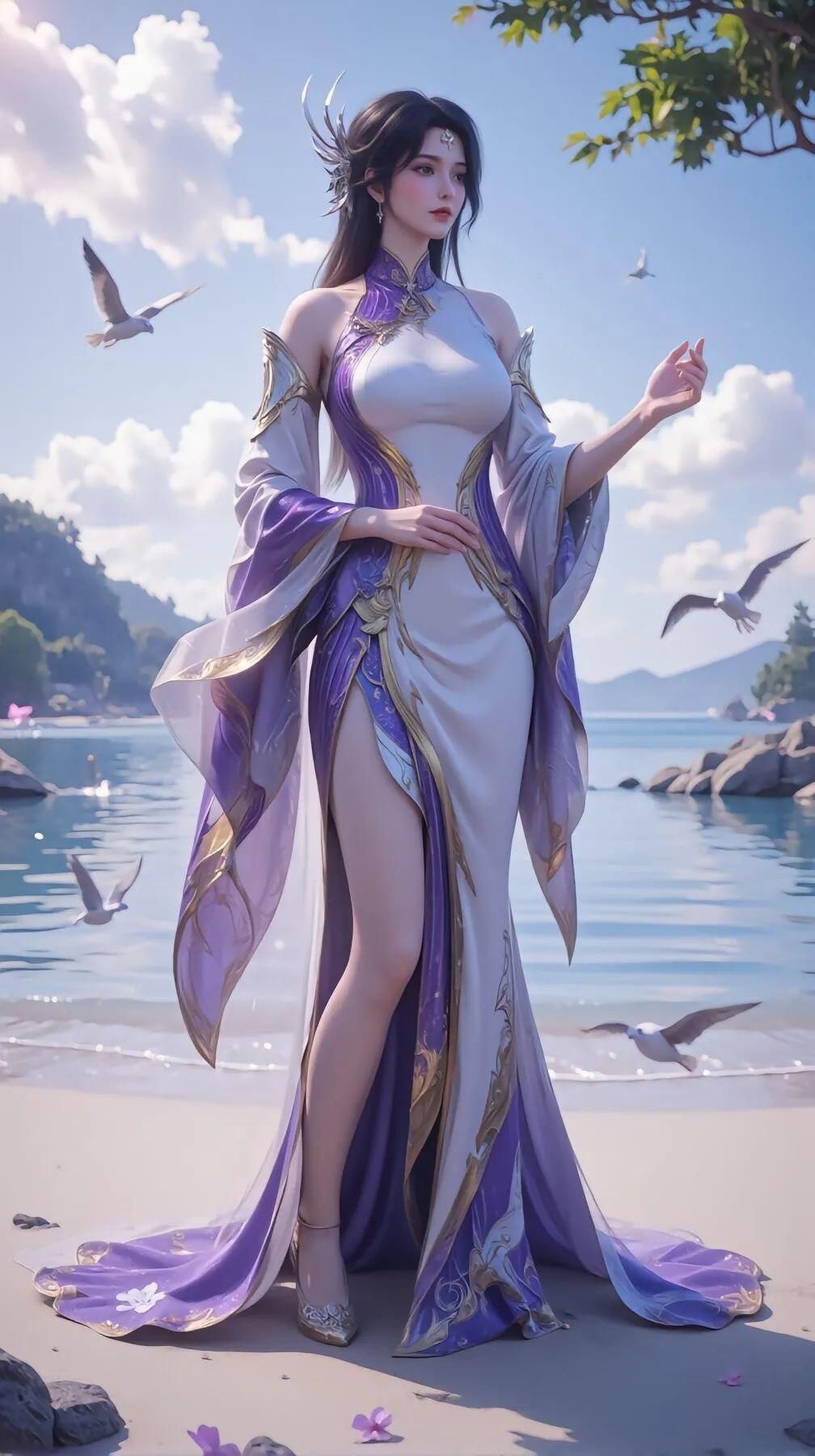 国风动漫之十二：绝色佳人海边写真，婀娜身姿，美腿若隐若现，引人无限遐想 Chin