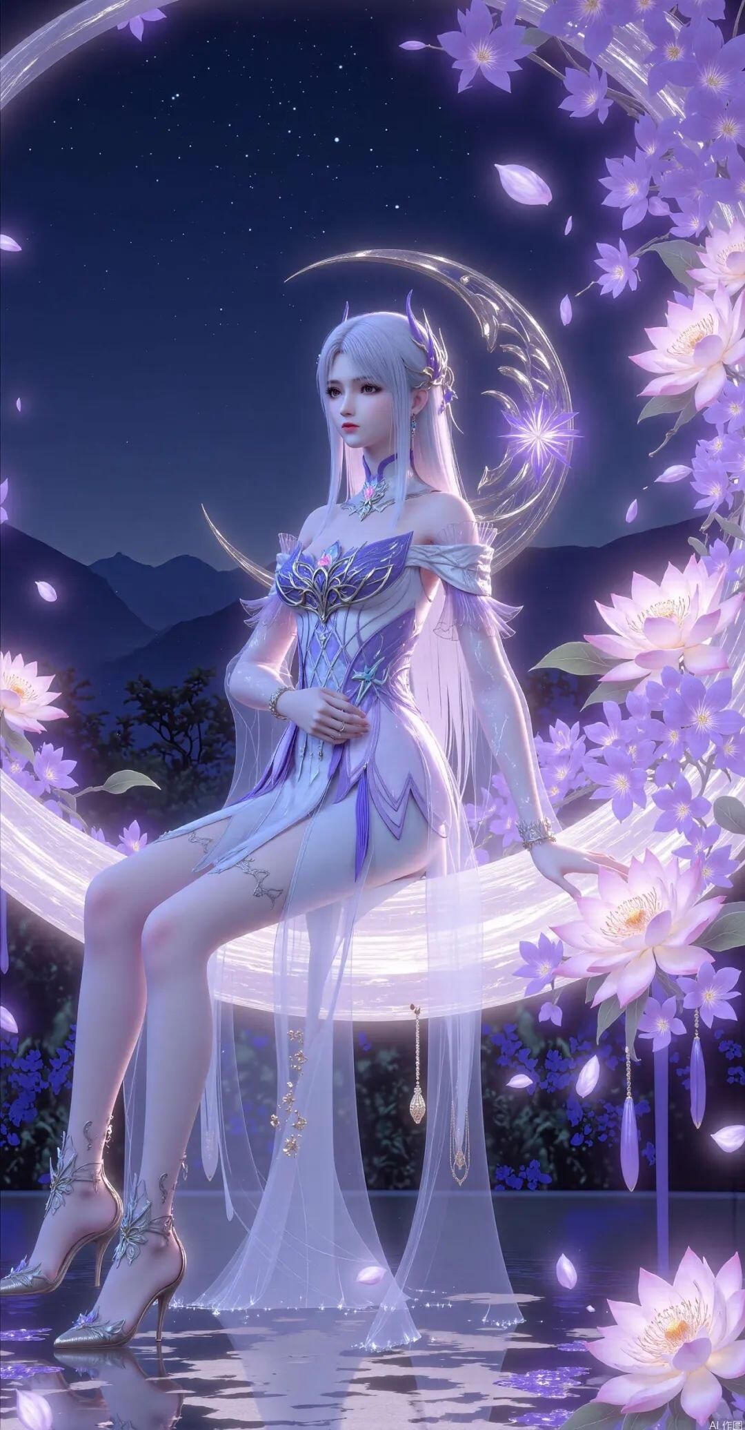 国风仙子：紫藤月夜的秘密(高清壁纸，二次元，古风，美女，性感，长发，唯美，梦幻)