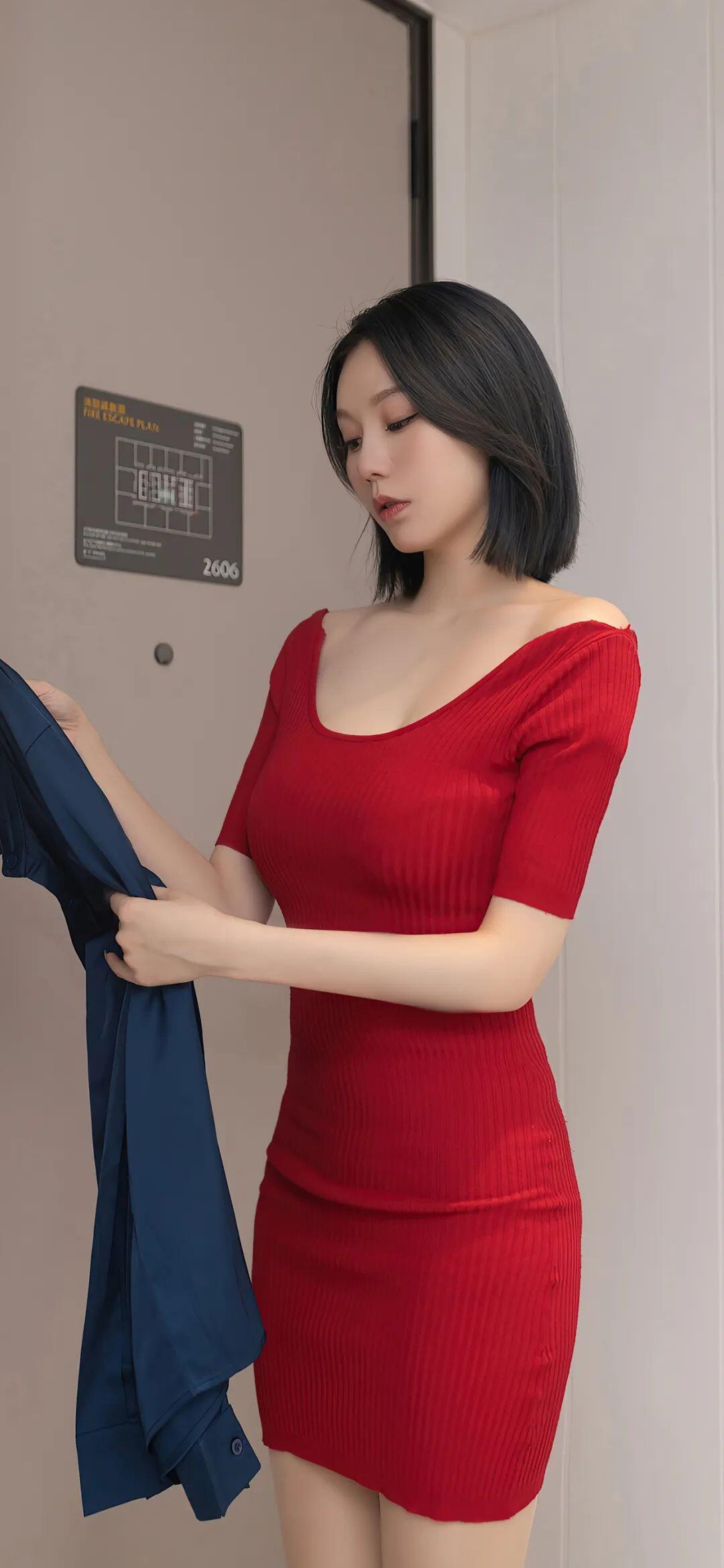 少妇在2606房间里，穿着性感红色包臀裙，若隐若现的曲线，让人浮想联翩 Youn