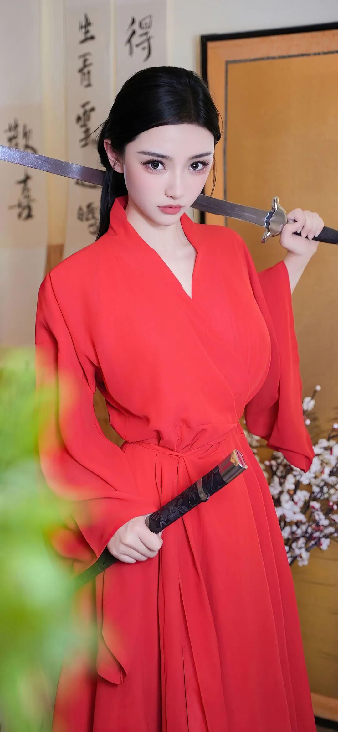 绝色红衣女侠：古代武士刀与现代佳人的完美结合 The beautiful wom