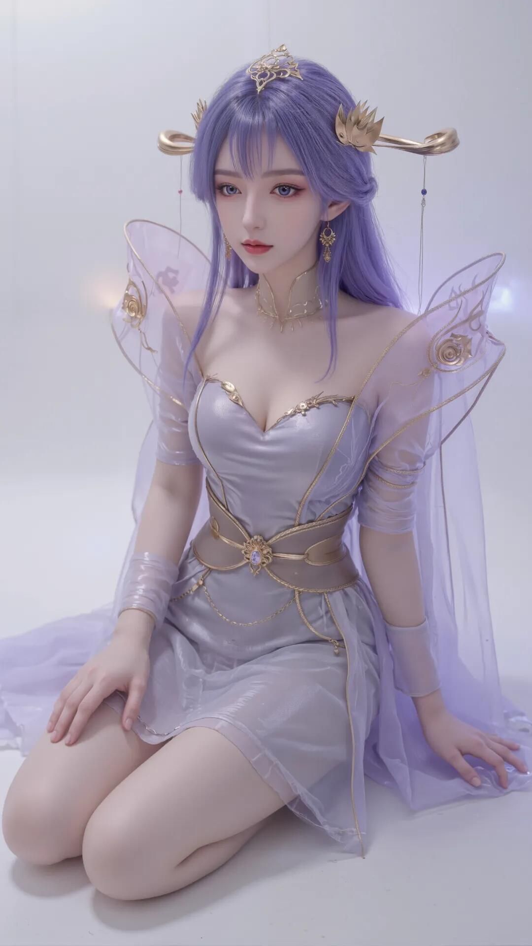 紫发仙子跪地诱惑，倾国倾城之美，令人沉醉