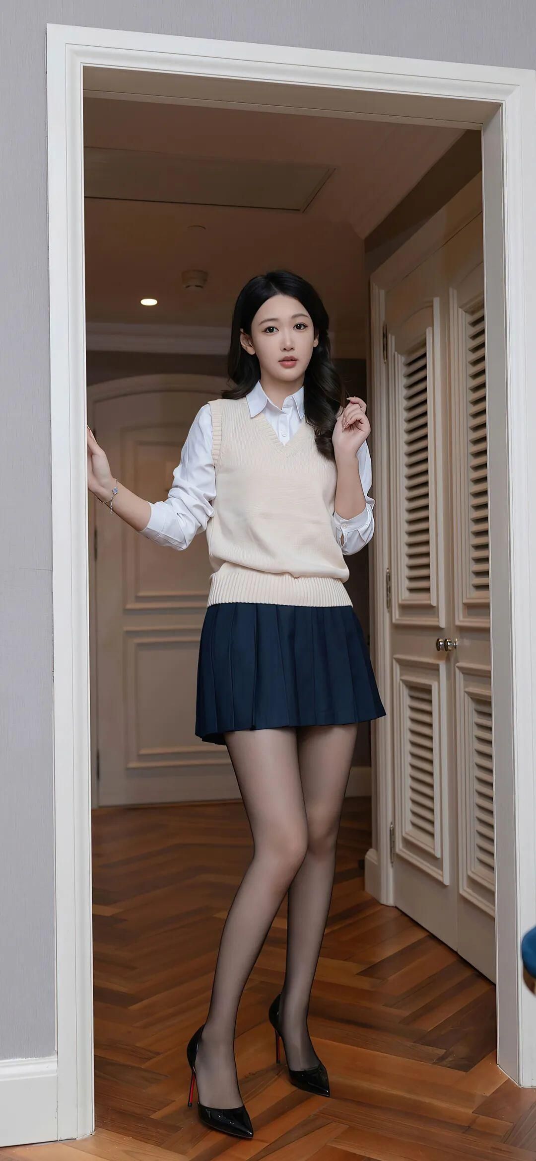 酒店走廊的诱惑：穿着干练制服的美女，黑色丝袜下的曼妙曲线，让你心跳加速的视觉盛宴