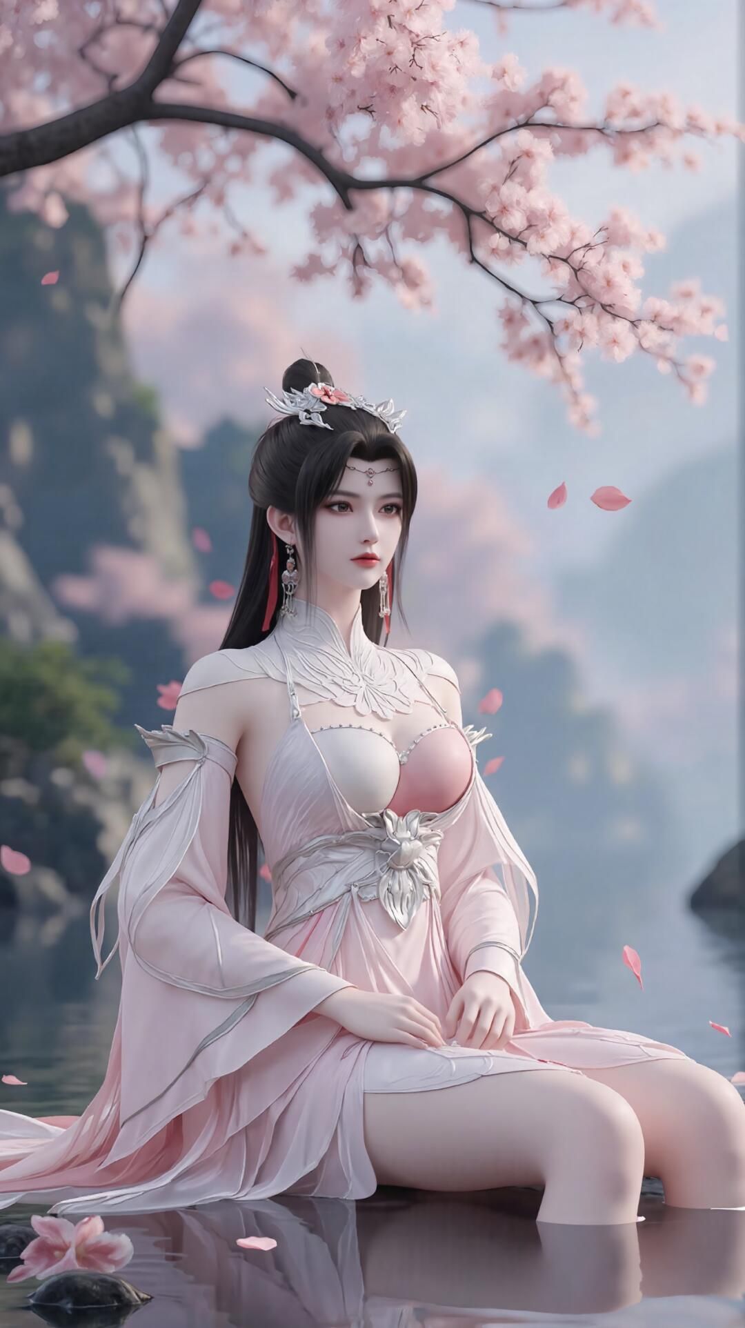 绝色佳人水中戏，粉衣罗裳露酥胸，春光乍泄撩人心，高清壁纸诱惑来袭！