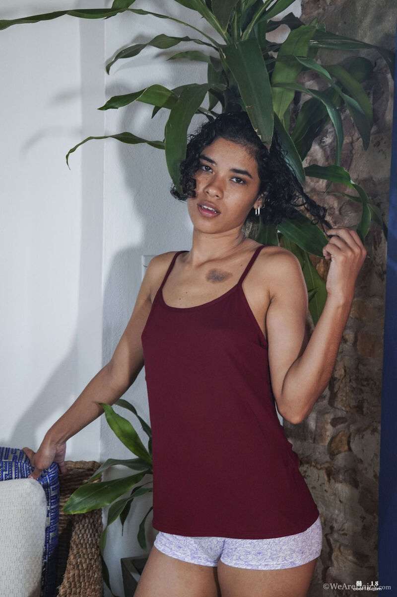 脱下衣服露出娇小的曲线、纯天然的乳房和毛茸茸的阴毛 Takes off clothes to reveal petite curves, allnatural breasts and hairy pubic hair